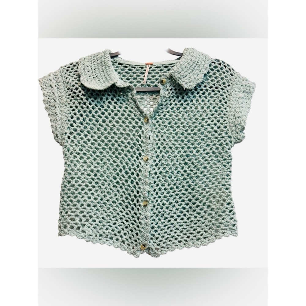 Free People Lily Crochet Cropped Spread Collar Button Down Top Aqua Blue XS - Picture 4 of 7